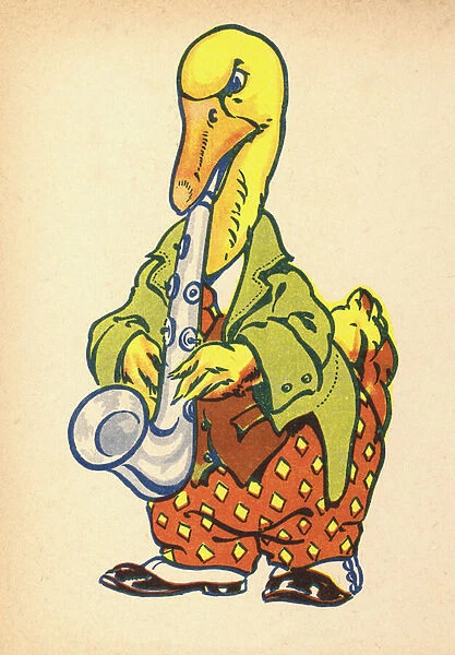 Duck playing saxophone (colour litho)