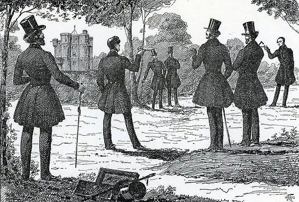 Duel opposing Armand Carrel (1800-1836) and Emile Girardin on July 21, 1836 (1806-1881) on the shore of the lake of Saint-Mde a Vincennes (Duel between the journalists Armand Carrel and Emile Girardin in in Vincennes)