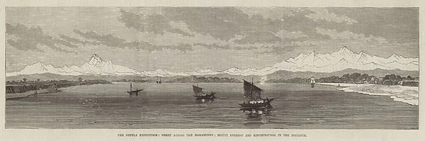 The Duffla Expedition, Ferry across the Mahanuddy, Mount Everest and Kinchinjunga in the Distance (engraving)