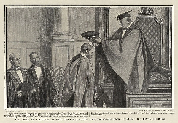 The Duke of Cornwall at Cape Town University, the Vice-Chancellor 'Capping' his Royal Highness (litho)