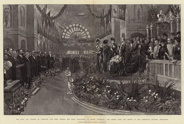 The Duke and Duchess of Cornwall and York opening the First Parliament of United Australia, the Speech from the Throne in the Exhibition Building, Melbourne (litho)