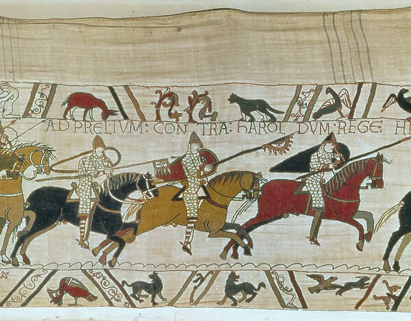 Duke William leads his knights into battle, Bayeux Tapestry (wool embroidery on linen)
