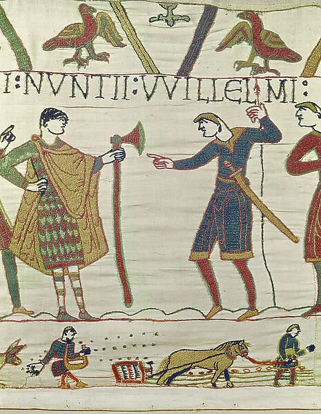 Duke William's envoys come to find Count Guy, Bayeux Tapestry (wool embroidery on linen)