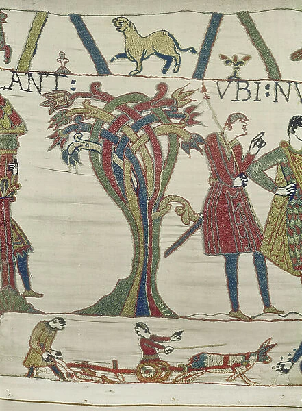 Duke William's envoys come to Count Guy de Ponthieu, Bayeux Tapestry (wool embroidery on linen)