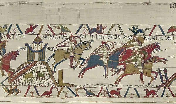 Duke William's soldiers ride past Rennes in pursuit of Duke Conan of Brittany, Bayeux Tapestry (wool embroidery on linen)