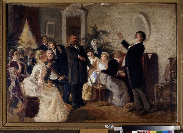 Duo. (Chanteurs donnant un concert dans un salon prive). Peinture de Nikolai Petrovich Zagorsky (1849-1893), huile sur toile. Art russe, 19e siecle. State Art Museum, Odessa (Ukraine)