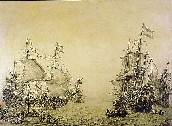 The Dutch ship Oosterwijk, leaving the shore, is described from two angles. Grisaille on wood, 1654, by Willem van de Velde (1611-1693)