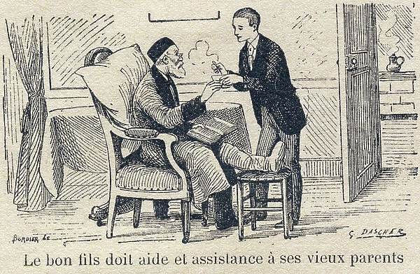The duties of the child in the family: Relief Assistance. The good son must help and assist his old parents. Engraving in ' The unique book of morality and civic instruction