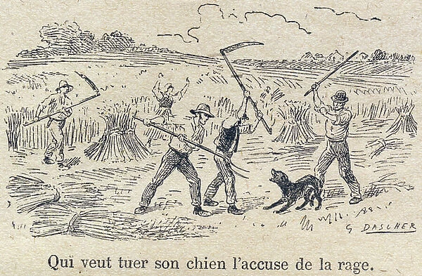 Duties towards neighbour: Respect for honor and reputation. 'Who wants to kill his dog accuses him of rage.' Engraving in ' The unique book of morality and civic instruction