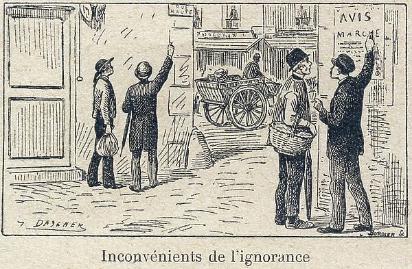Duties towards oneself: the soul. Instruction - Ignorance. Ille men on the street. Engraving in ' The unique book of morality and civic instruction, intended for students of the three courses of the Primary School