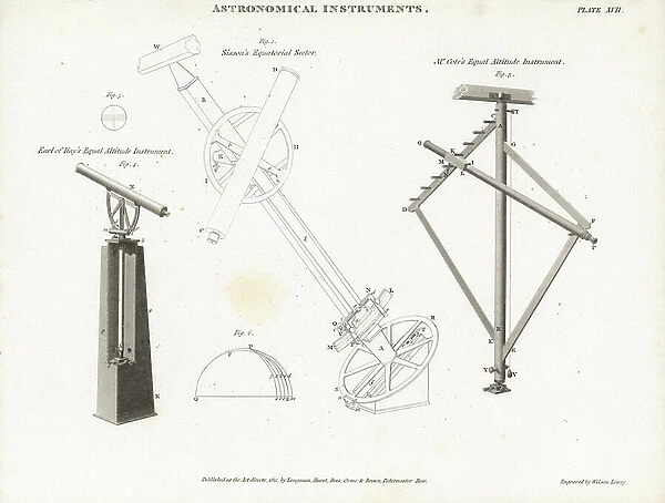 The Earl of Ilay's Equal Altitude Instrument, Jeremiah Sisson's Equatorial Sector and Mr. Cote's Equal Altitude Instrument. Copperplate engraving by Wilson Lowry from Abraham Rees Cyclopedia or Universal Dictionary of Arts, Sciences and Literature