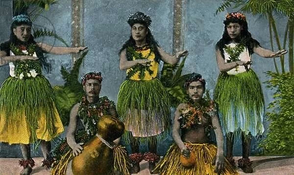 Early 1900s Hula Dancers and Musicians Performing in Hawaii, 1907 (screen print)