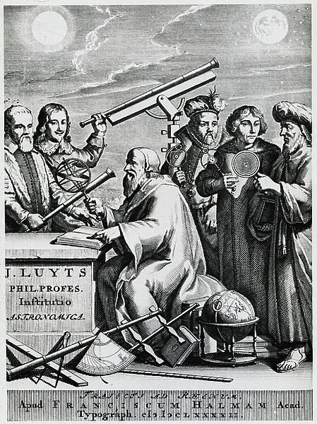 Early astronomers, left to right, Galileo, Hevelius, Aristotle, Brahe, Copernicus and Ptolemy. Engraving, 1692