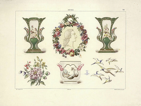 Early Sevres ware: Spring vase, portrait of Louis XV on a plaque, Autumn vase, flowers painted by an enamel artist on a plate, sugar bowl 1753, and birds from a sample plaque