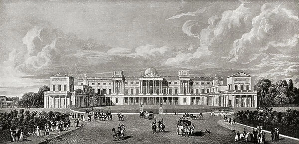The east front of Buckingham Palce, seen here in 1827 without the Marble Arch (litho)