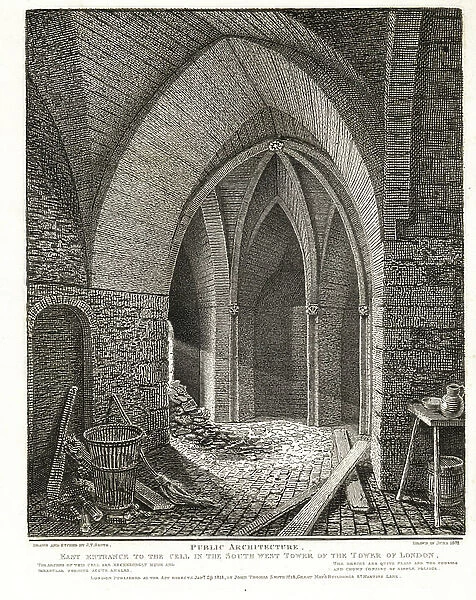 East entrance to the cell in the Southwest Tower of the Tower of London, 1803. Early Pointed Style. Copperplate engraving drawn and etched by John Thomas Smith from his Topography of London, 1811