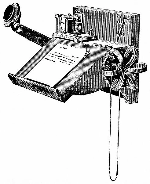 Edison carbon telephone: Wall-mounted model with pony-crown receiver (right). Wood engraving, New York, 1879