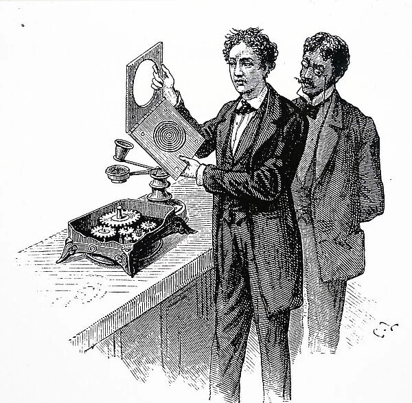 Edison's recording apparatus in use. 1878 (engraving)