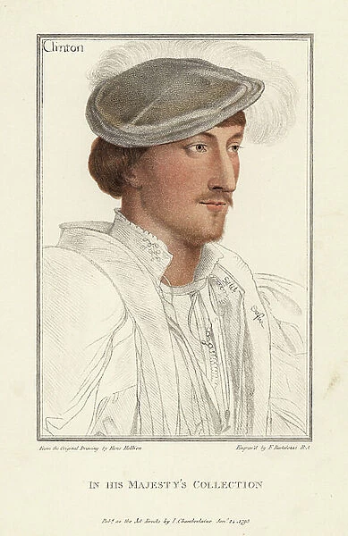 Edward Clinton, 1st Earl of Lincoln, Lord High Admiral, Ambassador, Broker, 1512-1584. Handcoloured copperplate engraving by Francis Bartolozzi after Hans Holbein from Facsimiles of Original Drawings by Hans Holbein, Hamilton, Adams, London, 1884