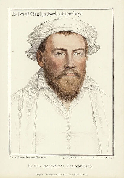 Edward Stanley, 3rd Earl of Derby, English nobleman, cup bearer to Anne Boleyn, 1509-1572. Handcoloured copperplate engraving by Francis Bartolozzi after Hans Holbein from Facsimiles of Original Drawings by Hans Holbein, Hamilton, Adams, London