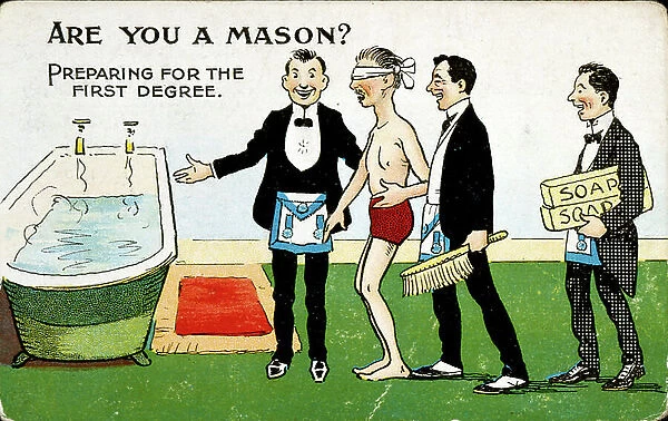 Edwardian British postcard satirising freemasons. Circa 1908. Freemasonry or Masonry consists of fraternal organisations that trace their origins to the local fraternities of stonemasons, which from the end of the fourteenth century