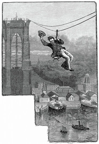 EF Farrington testing suspension bridge, 1883