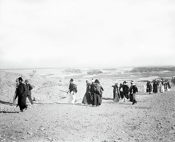 Egypt, Cairo: Cook cruise, walk around the pyramids, line of Western tourists accompanied by their guides walk on a path that overlooks the flooded Nile Valley, 1900