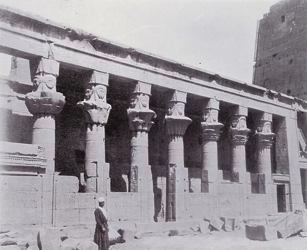 Egypt: Colonnade of the Temple of Isis on the Island of Philae (b  /  w photo)