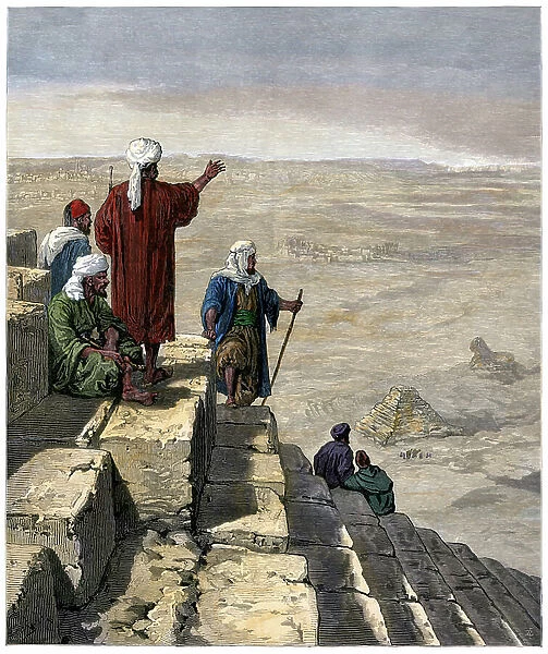 Egyptian guards watching the territory and city of Cairo, from the top of the pyramids of Gizeh (Guiseh, Giza), circa 1880 - Colorized engraving, 19th century - Egyptian lookouts on the pyramids of Giza