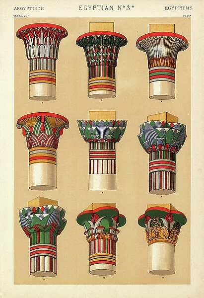 Egyptian ornaments to capitals of columns showing lotus and papyrus leaves. Capitals from the Temple at Thebes Oasis 4, 7, 10, Portico at Edfu 5, Philae Island Temple 6, 11, Philae Island Colonnade 8, 9, and Graeco-Roman form