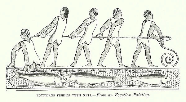 Egyptians fishing with nets (engraving)
