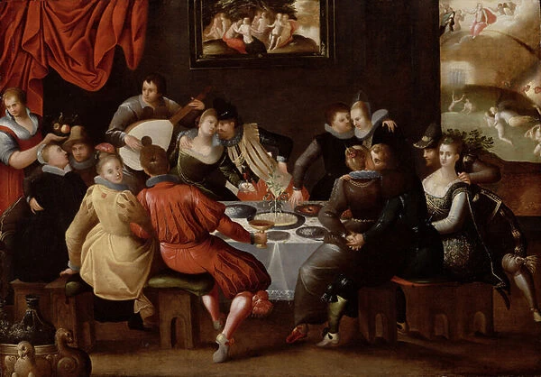 Elegant Figures Feasting and Disporting at a Table with the Last Judgement in