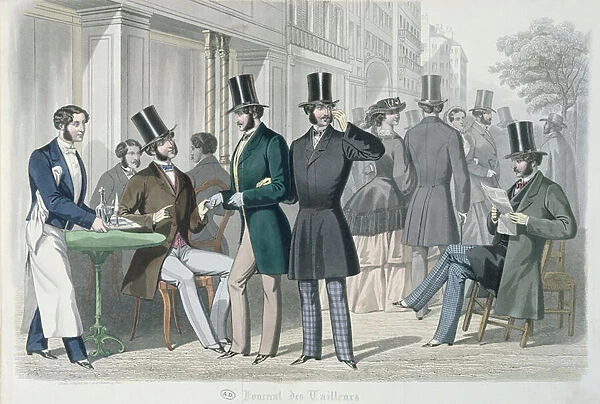 Elegant Young Men on the Terrace of a Cafe, 1857 (colour engraving)