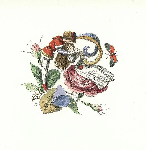 Elf flirting with a fairy on a rose bloom. Handcoloured woodblock print by Edmund Evans after an illustration by Richard Doyle from In Fairyland, a series of Pictures from the Elf World, Longman, London, 1870