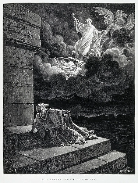 Elijah ascending into heaven in a fiery chariot, Illustration from the Dore Bible, 1866