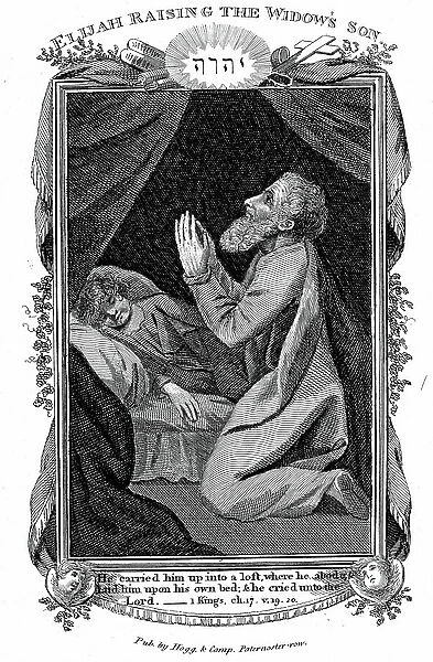 Elijah raising the widow's son. Bible 1 Kings 17.19, 20. Copperplate engraving c1808