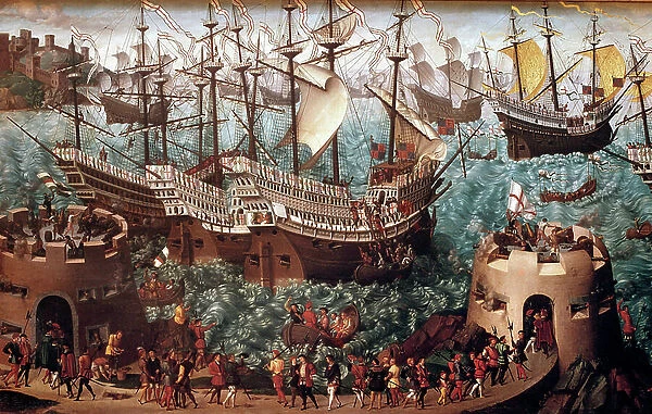 Embarkation of Henry VIII (1491-1547) at Dover on the galion Henri Grace a Dieu' on the occasion of the trade signed with Francois I (the Camp du Drap d'Or) on 7 / 06 / 1520' Painting by Hans Holbein the Jeune (1497-1543)