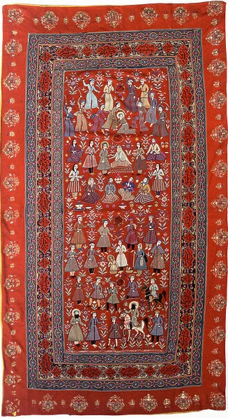 An embroidered hanging of red wool facecloth with rows of figures enacting the life of