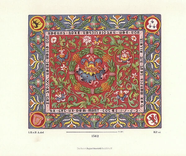 Embroidered tablecloth with flowers and coats of arms, 1562. From the Sigmaringen art collection. Chromolithograph from Hefner-Alteneck's Costumes, Artworks and Appliances from the Middle Ages to the 17th Century, Frankfurt, 1889