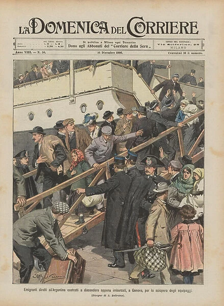 Emigrants heading to Argentina forced to descend as soon as they embarked, in Genoa, for the crews strike (colour litho)