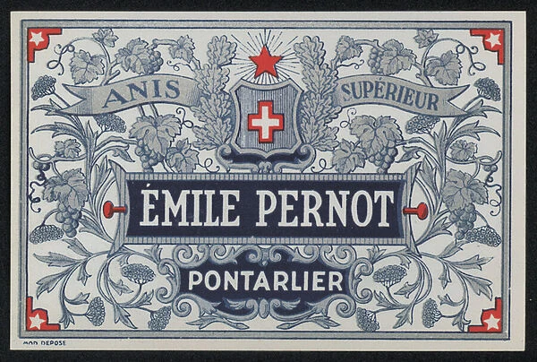 Emile Pernot, Pontarlier, absinthe label (colour litho)