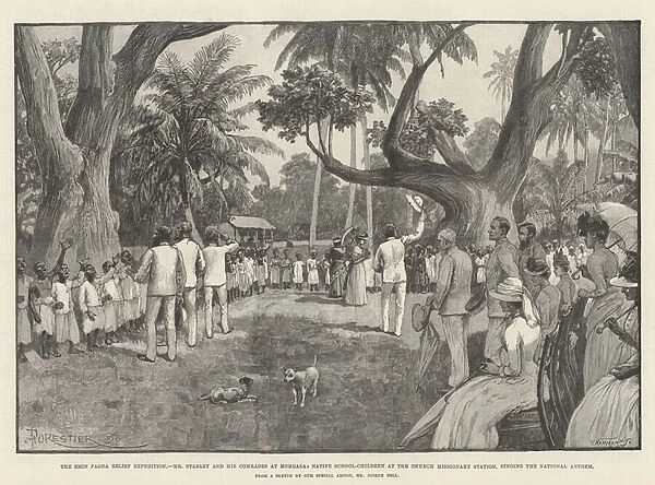The Emin Pasha Relief Expedition, Mr Stanley and his Comrades at Mombasa, Native School-Children at the Church Missionary Station, singing the National Anthem (engraving)