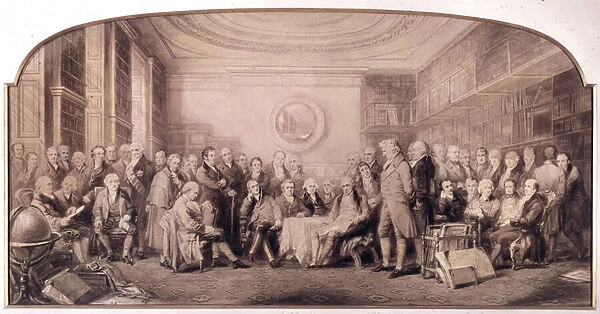 The eminent men of science in 1807-1808. Meeting in the library of the Royal Institute of