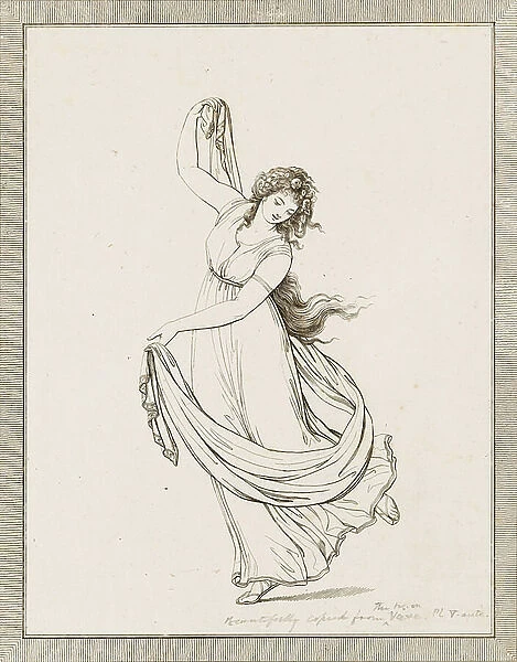 Emma, Lady Hamilton, in a classical pose, dancing and poised on her right foot, 1794 (engraving)
