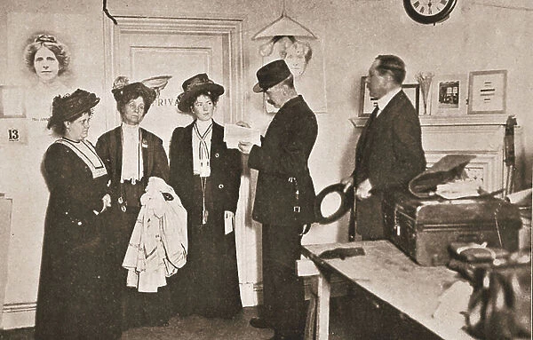 Emmeline Pankhurst, Christabel Pankhurst and Flora Drummond being read the warrant for their arrest, 13th October 1908 (sepia photo)