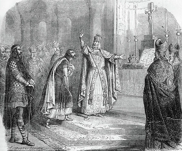 Emperor Charlemagne (747-814) designating his successor, his son Louis of Aquitaine (Louis I the Pious or the Debonnaire, 778-840). Aix la Chapelle, September 813 (Charlemagne crowns Louis the Pious September 813). 19th century (engraving)