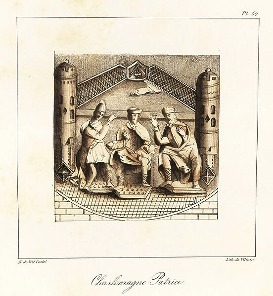 Emperor Charlemagne (874-814) under the hand of God, with his advisors seated between two towers