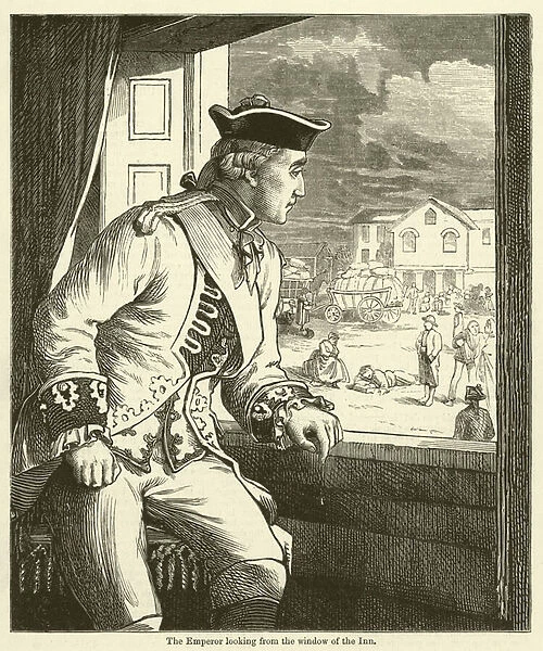 The Emperor looking from the window of the Inn (engraving)
