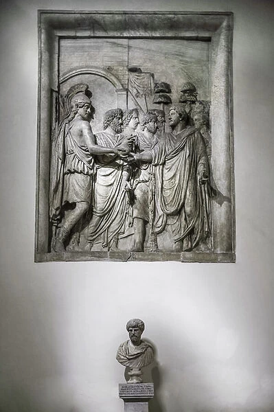 Emperor Marcus Aurelius pardoning the defeated enemies (marble relief)
