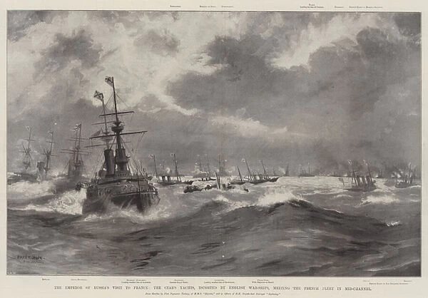 The Emperor of Russias Visit to France, the Czars Yachts, escorted by English War-Ships, meeting the French Fleet in Mid-Channel (litho)
